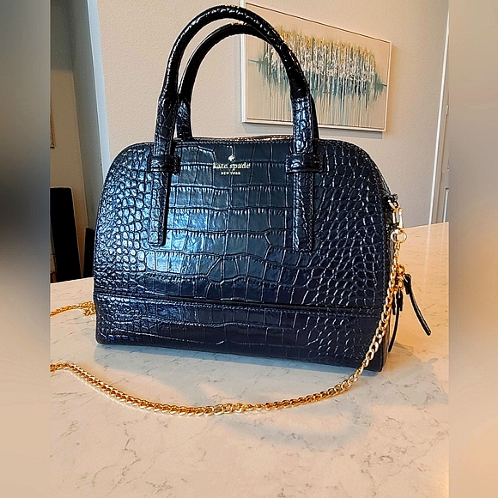 Kate Spade Felix Riverside Street Croc-Embossed Leather Handbag Navy Blue - Picture 15 of 16